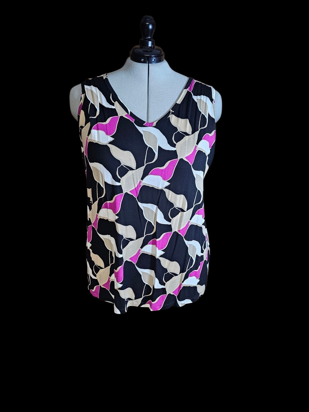 Nine West Black Sleeveless V-Neck Tank with Cream & Pink Leaf Print